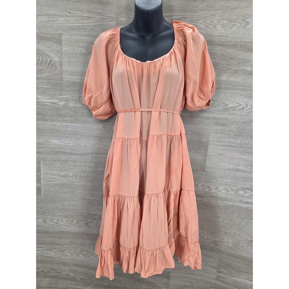 PINCH Tiered Midi Dress Womens Size L Peach Puff Sleeve Boho Square Neck Belted